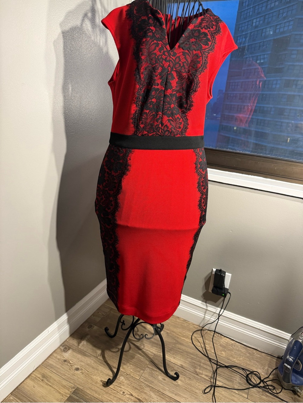 Gabby Skye Red Pencil Skirt with Black Lace Trim